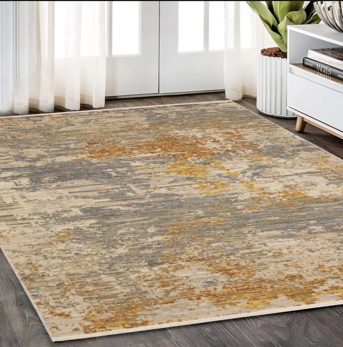 575664 5 x 8 ft. Abstract Rectangle Area Rug with Fringe, Beige & Gold