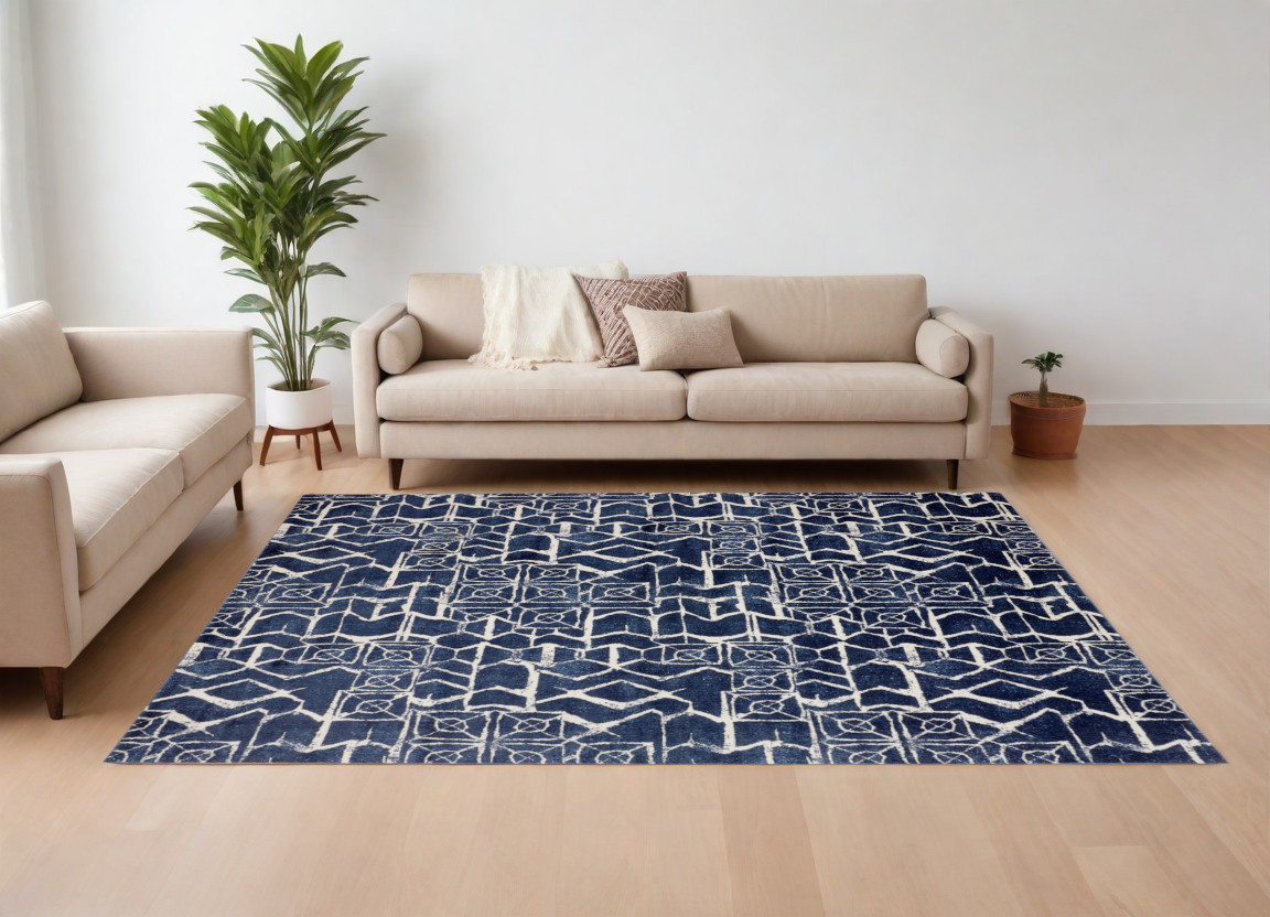 567696 10 x 13 ft. Geometric Power Loom Rectangle Area Rug, Blue & Ivory