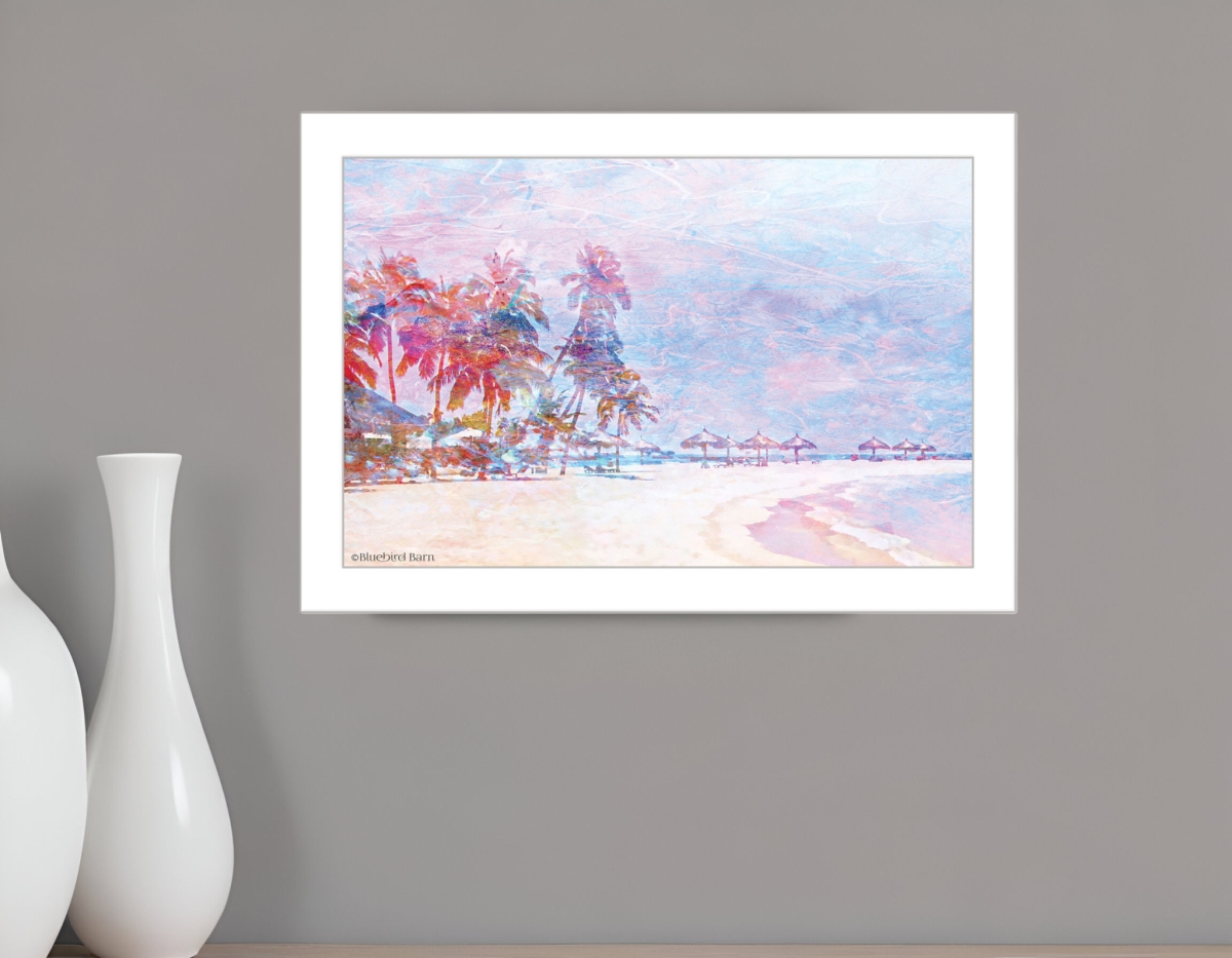 529613 Rainbow Bright Sandy Beach with Umbrellas White Framed Print Wall Art