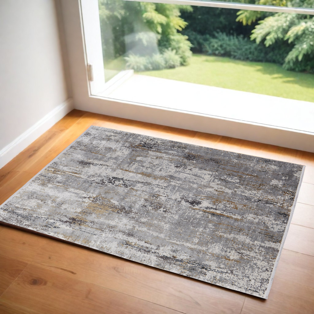 565992 3 x 5 ft. Abstract Power Loom Rectangle Area Rug with Fringe, Gray, Ivory & Gold