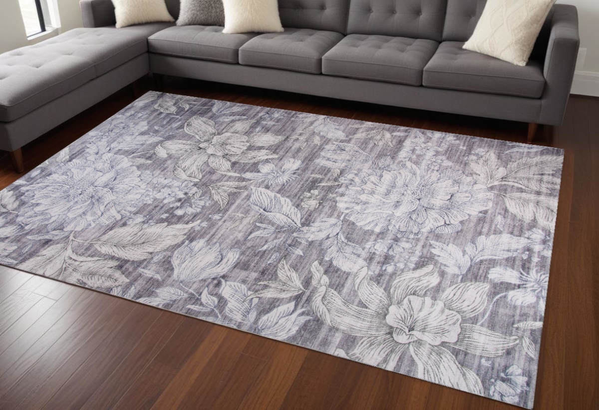 530586 8 x 11 ft. Floral Distressed Rectangle Area Rug, Gray & Ivory