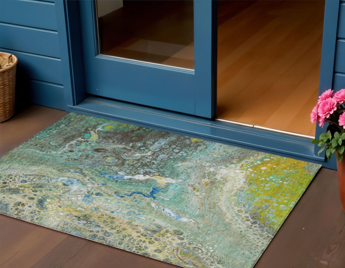 577433 3 x 5 ft. Abstract Washable Indoor & Outdoor Rectangle Area Rug, Teal Blue, Lime Green & Green