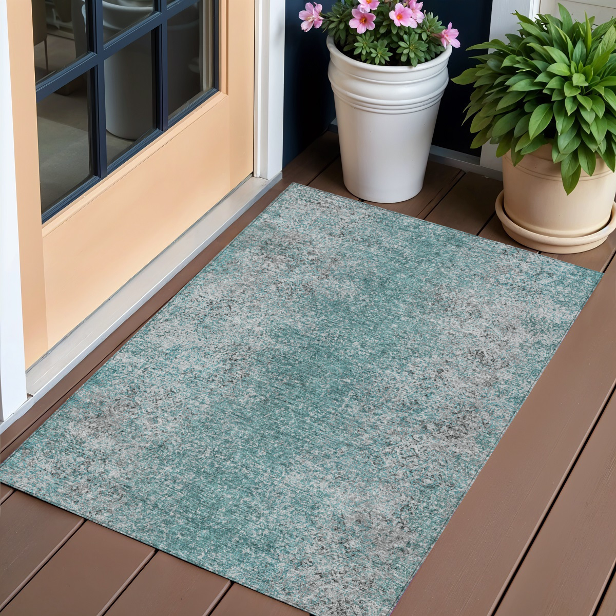 Picture of HomeRoots 588840 3 x 5 ft. Oriental Washable Indoor & Outdoor Rectangle Area Rug&#44; Teal Blue&#44; Gray & Charcoal
