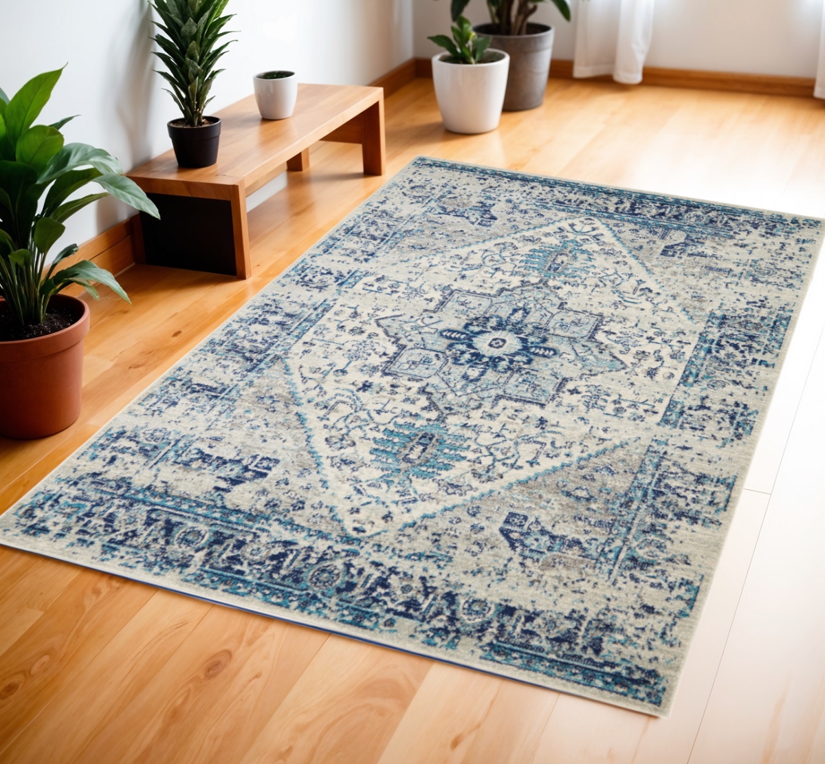 553269 4 x 6 ft. Floral Medallion Distressed Rectangle Area Rug, Ivory & Light Blue