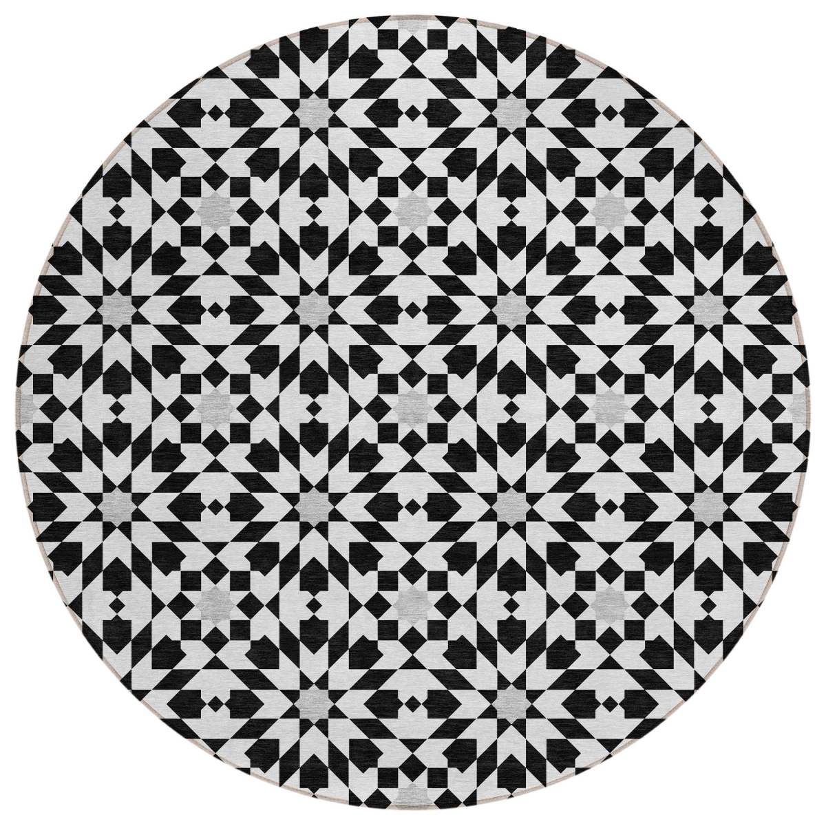 583764 8 ft. Round Floral Medallion Washable Indoor & Outdoor Area Rug, Black, Gray & Silver