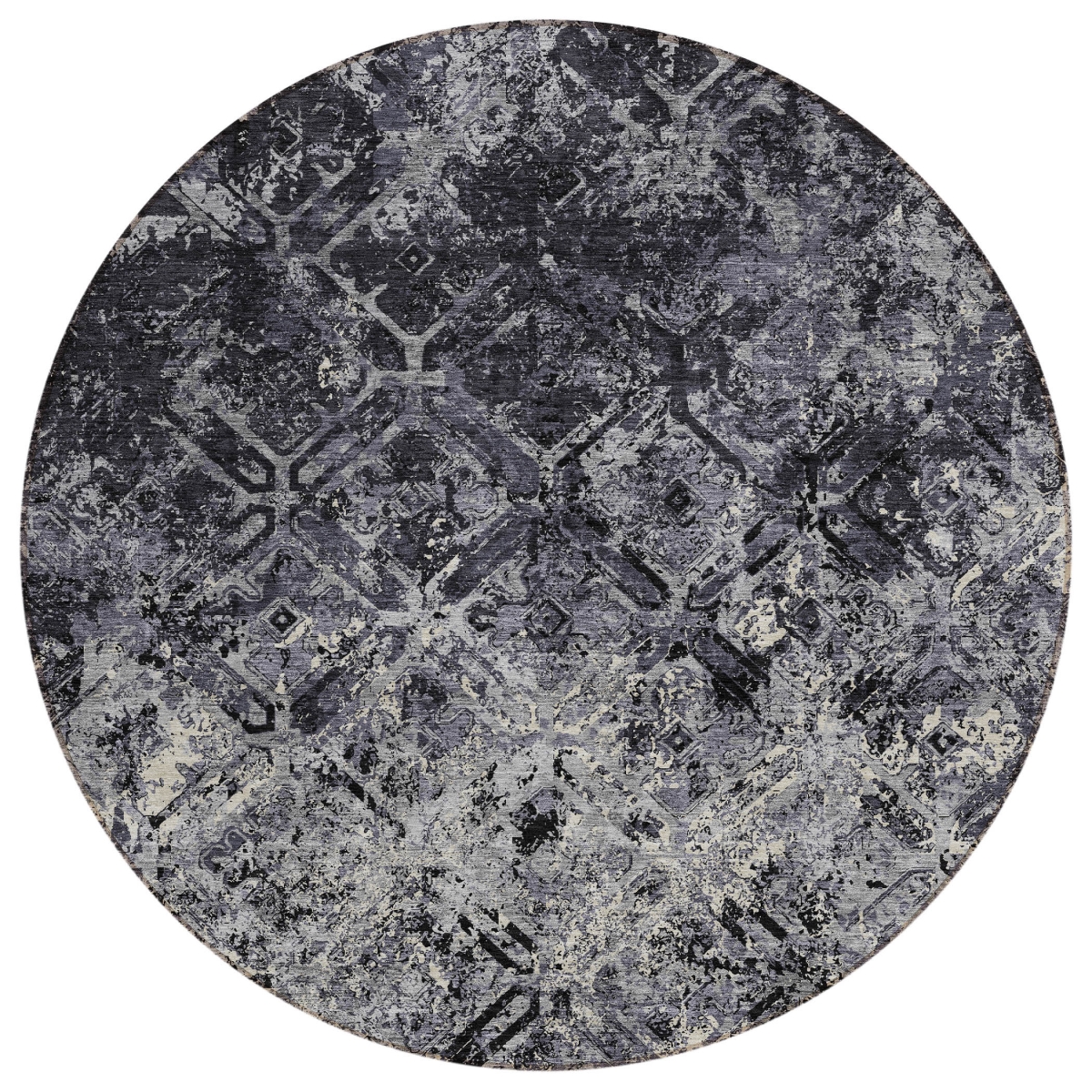 586062 8 ft. Round Geometric Washable Indoor & Outdoor Area Rug, Black, Gray & Silver