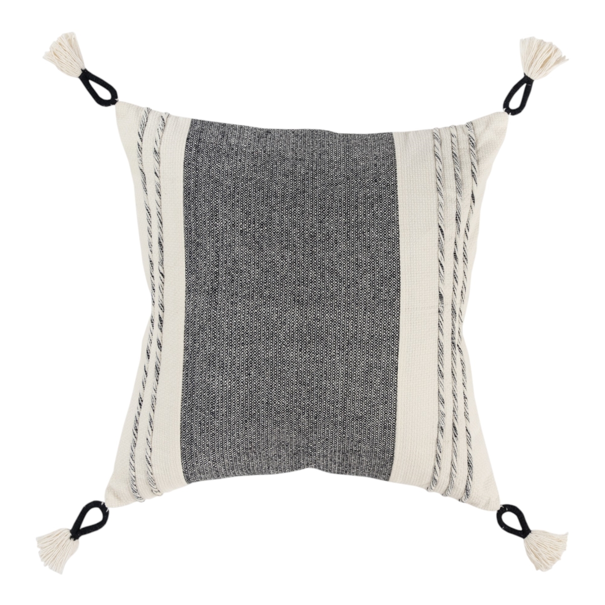 Picture of HomeRoots 518707 20 in. White & Black Striped Cotton Throw Pillow with Tassels & Texture