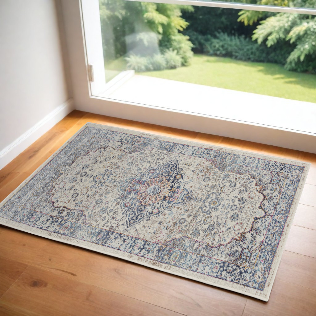 552690 2 x 4 ft. Floral Distressed Rectangle Area Rug, Ivory, Blue & Orange