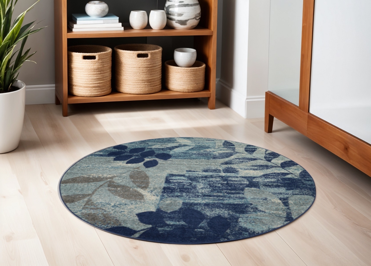 552382 5 ft. Botanical Leaves Round Rug, Navy Blue, Light Blue & Gray