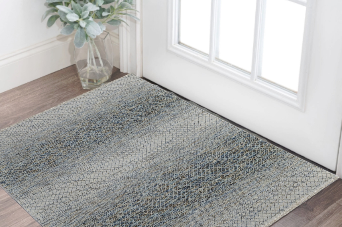566685 2 x 3 ft. Wool Hand Knotted Rectangle Area Rug with Fringe, Ivory, Blue & Brown