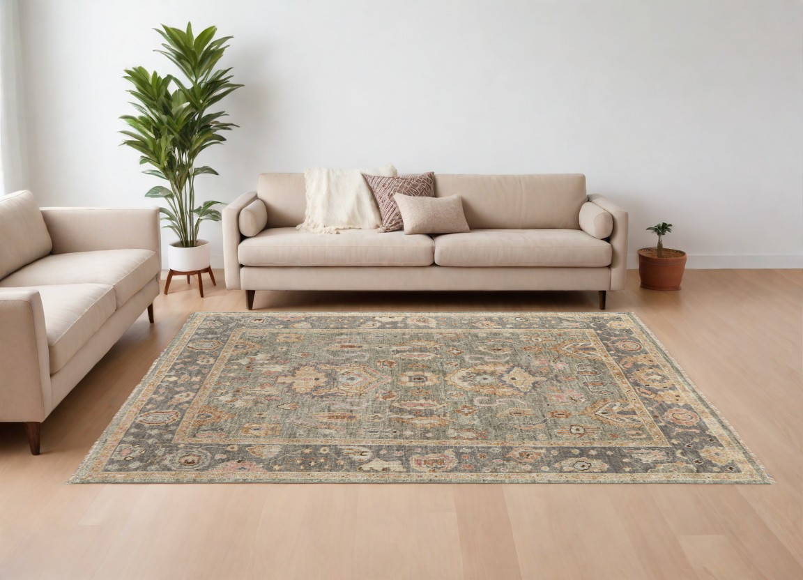 566402 6 x 9 ft. Wool Oriental Hand Knotted Rectangle Area Rug with Fringe, Gray & Gold