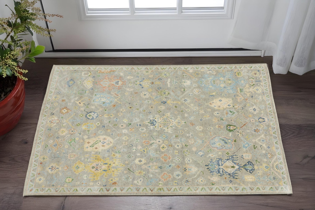 575287 2 x 3 ft. Wool Oriental Hand Knotted Rectangle Area Rug with Fringe, Gray, Blue & Yellow