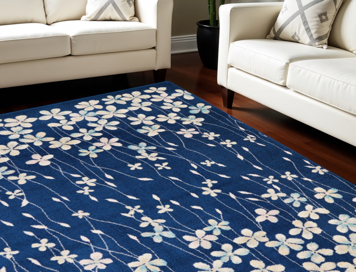 550992 6 x 9 ft. Floral Rectangle Area Rug, Navy Blue & Ivory
