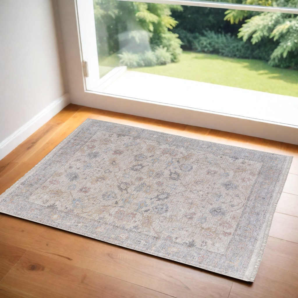 566215 2 x 3 ft. Floral Hand Woven Distressed Rectangle Area Rug with Fringe, Ivory, Tan & Blue