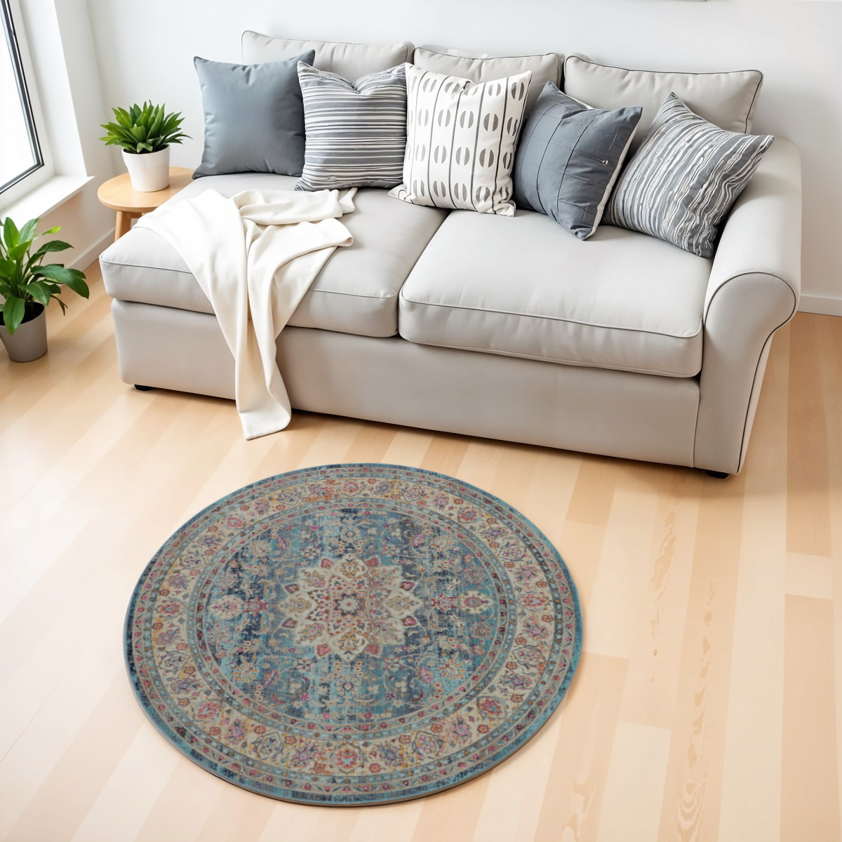 552443 4 ft. Floral Distressed Round Rug, Blue & Beige