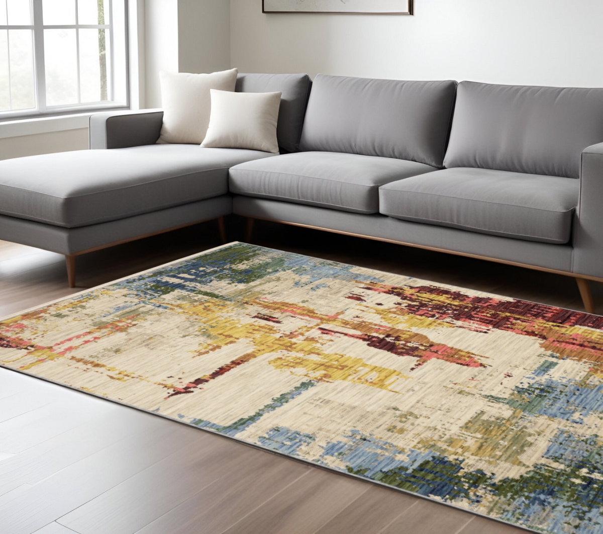 576465 10 x 13 ft. Abstract Rectangle Area Rug with Fringe, Beige, Yellow & Rust