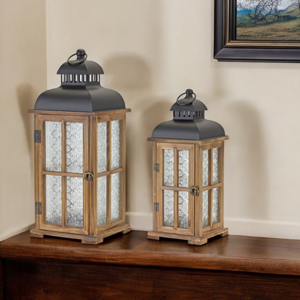 Picture of HomeRoots 517615 Brown & Black Frosted Glass Wood & Metal Floor Lantern Candle Holders - Set of 2