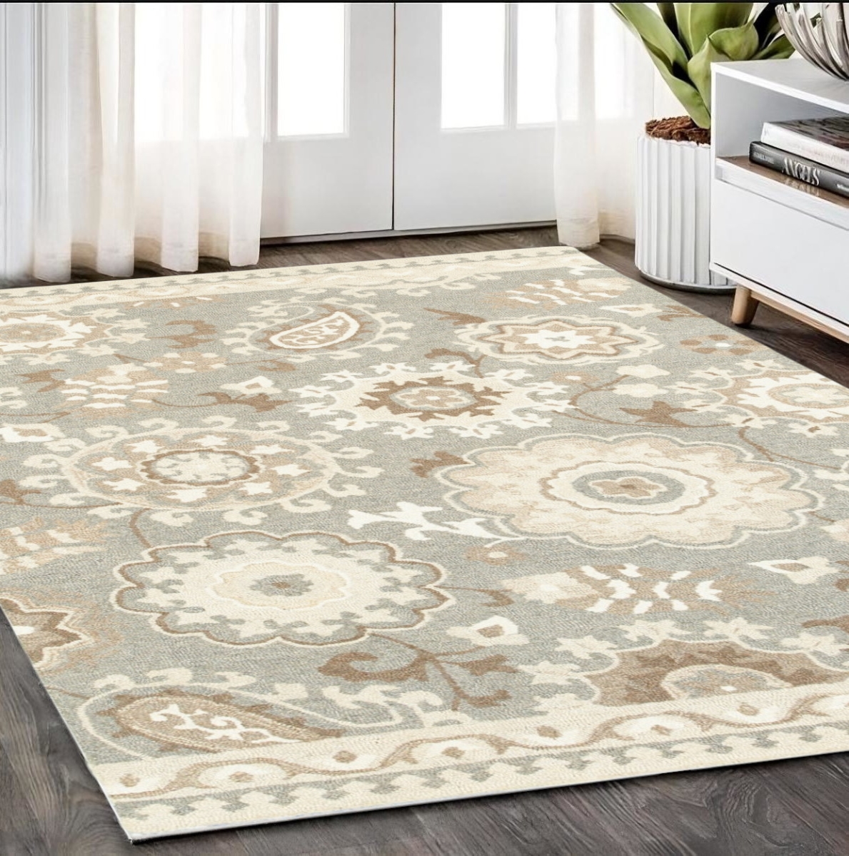 575979 5 x 8 ft. Wool Floral Hand Tufted Rectangle Area Rug, Gray & Sand