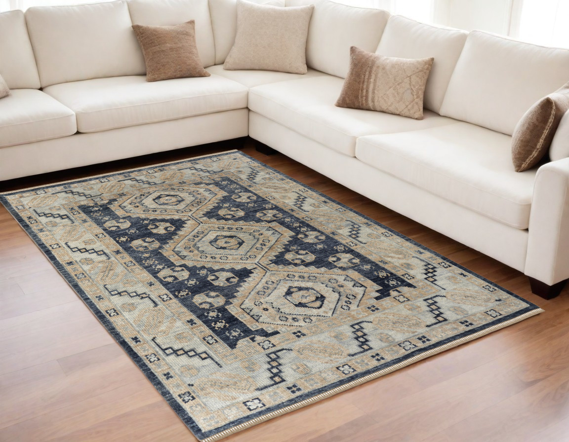 567063 5 x 8 ft. Wool Geometric Hand Knotted Rectangle Area Rug with Fringe, Blue & Ivory