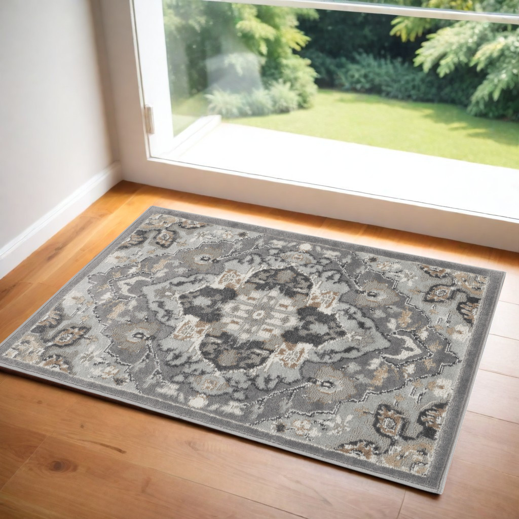556219 2 x 3 ft. Floral Non Skid Rectangle Area Rug, Black & Gray