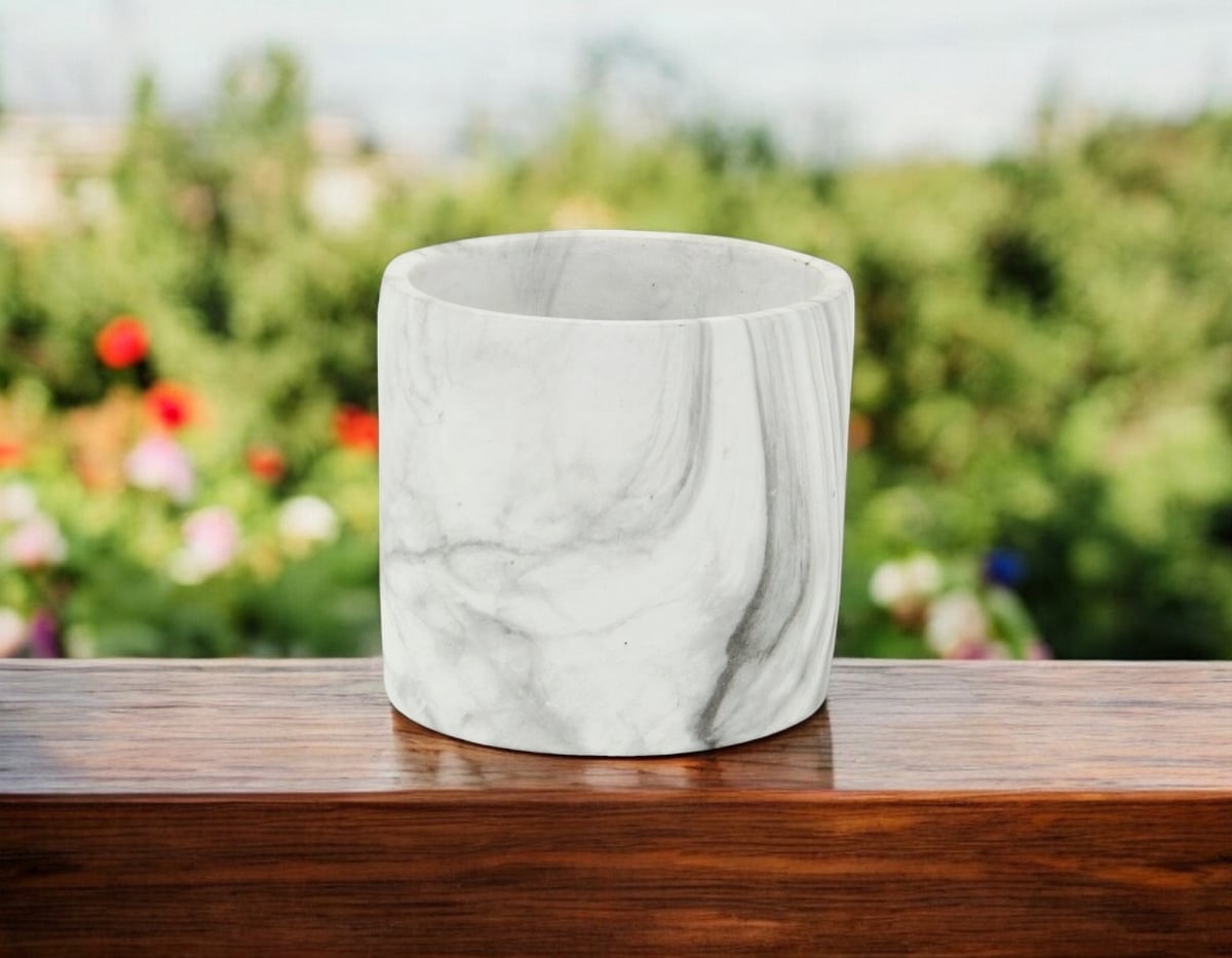 Marbleized Ceramic Round Planter - White & Gray - 6 in. - Indoor/Outdoor Use