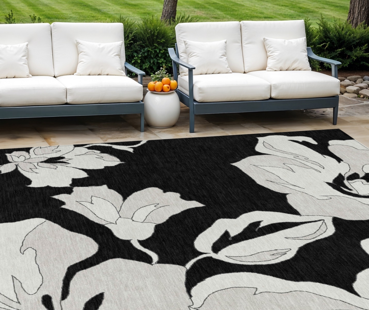 589528 9 x 12 ft. Floral Washable Indoor & Outdoor Rectangle Area Rug, Black, Gray & Silver