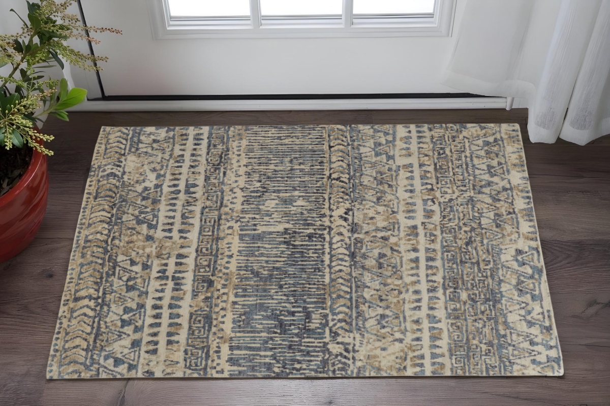 567528 2 x 3 ft. Wool Geometric Hand Knotted Rectangle Area Rug, Ivory & Blue