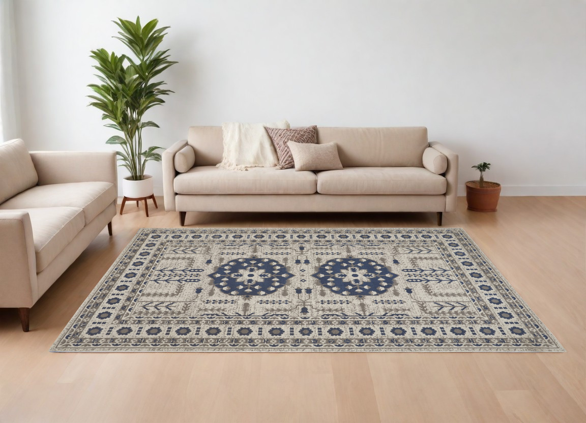 567153 10 x 13 ft. Oriental Power Loom Rectangle Area Rug, Blue & Gray