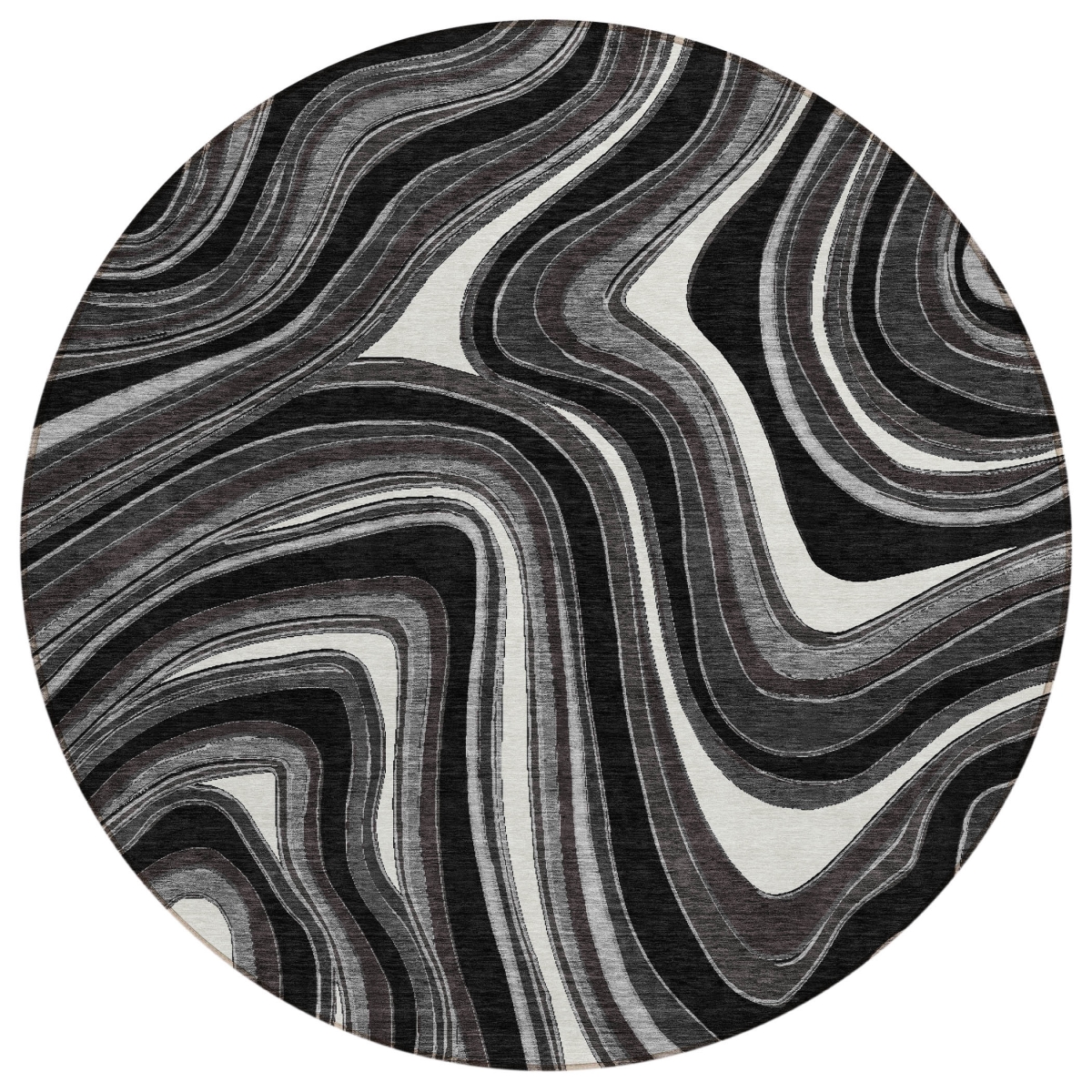585192 8 ft. Round Abstract Washable Indoor & Outdoor Area Rug, Black, Gray & White