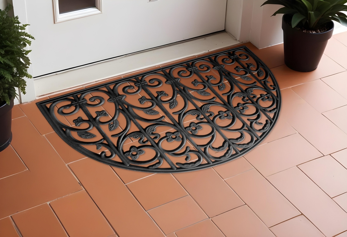 555234 24 x 36 in. Black Rubber Scrollwork Outdoor Semi Circle Door Mat