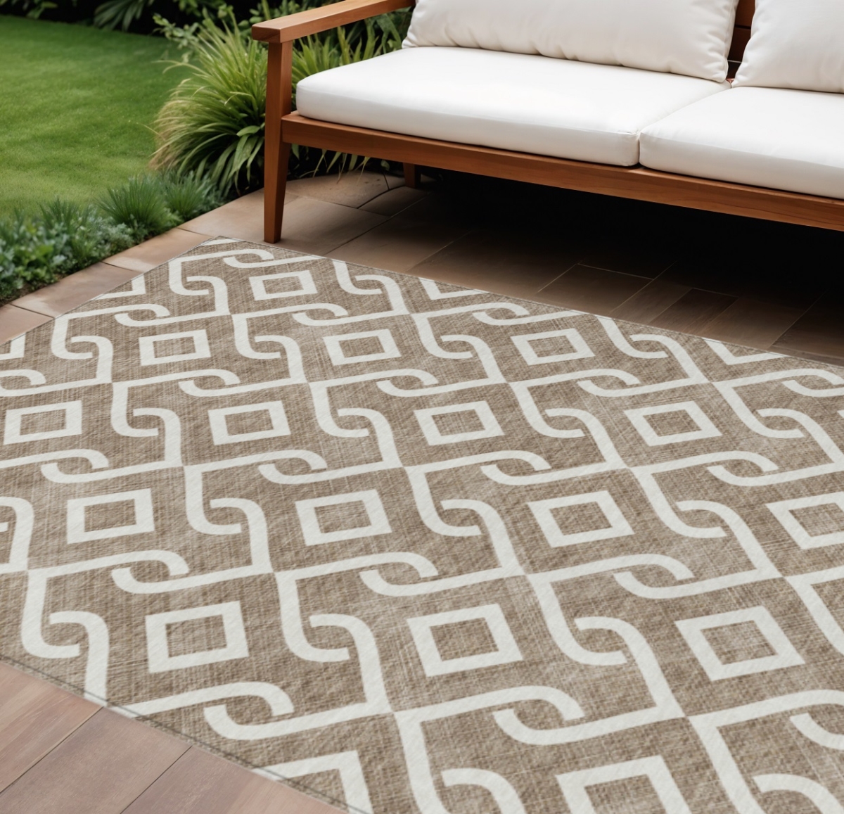 578873 10 x 14 ft. Geometric Washable Indoor & Outdoor Rectangle Area Rug, Brown & Ivory