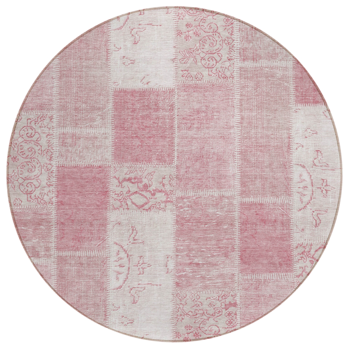 579339 8 ft. Round Patchwork Washable Indoor & Outdoor Area Rug, Pink, Blush & Ivory