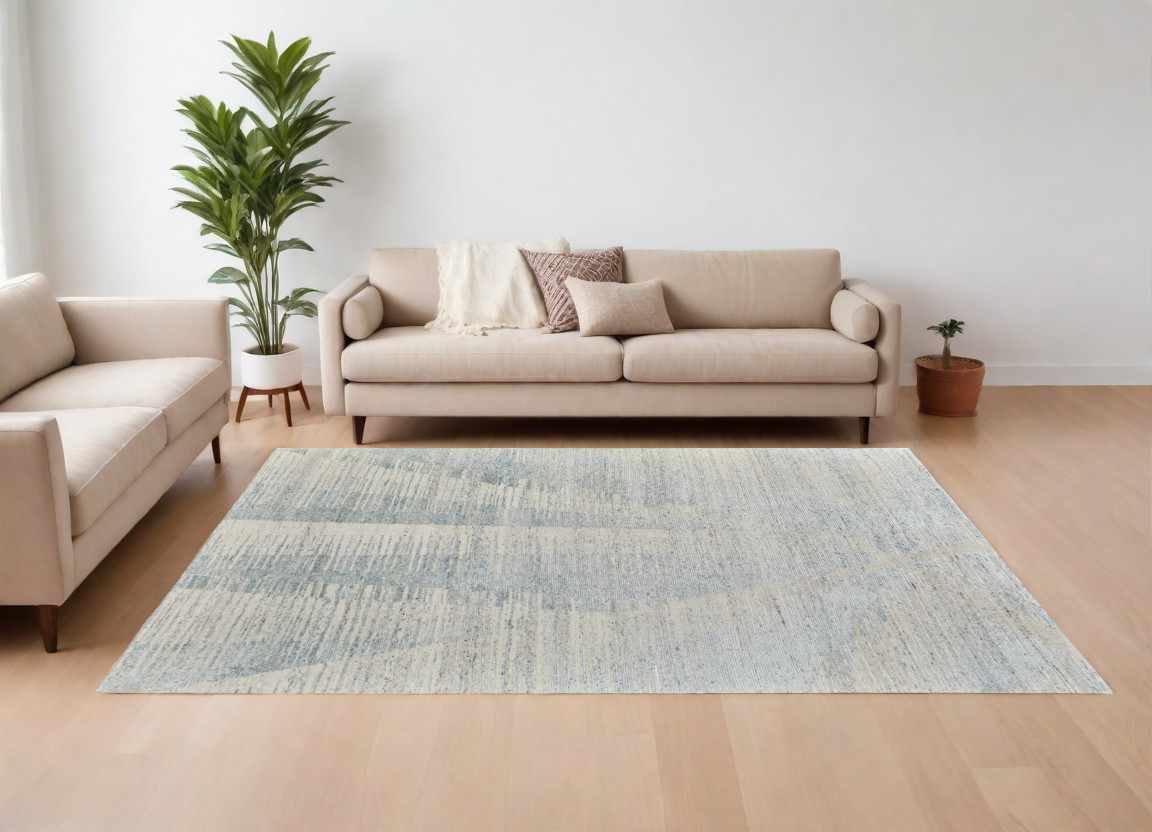 566662 9 x 13 ft. Abstract Hand Knotted Worn Faded Rectangle Area Rug, Ivory & Blue
