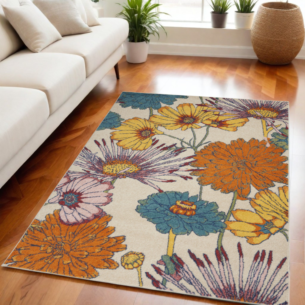 550279 5 x 7 ft. Floral Power Loom Rectangle Area Rug, Cream