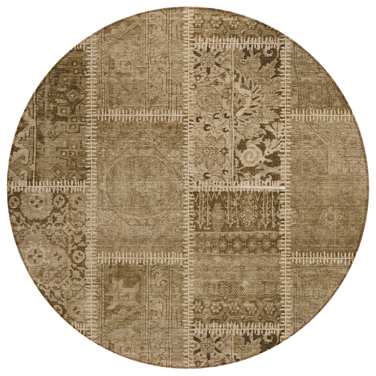 579375 8 ft. Round Patchwork Washable Indoor & Outdoor Area Rug, Brown & Beige
