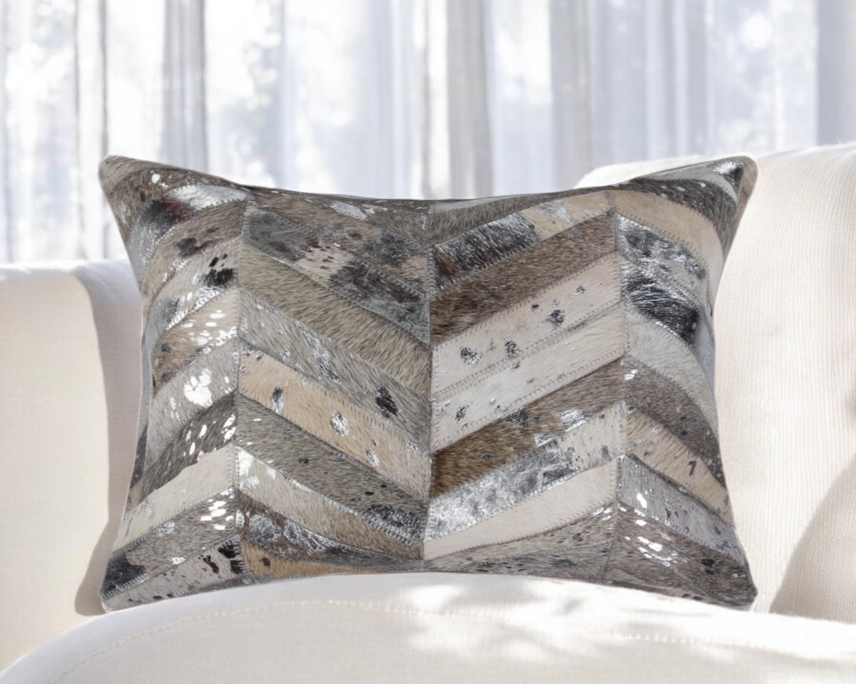 544577 12 x 20 in. Gray & Silver Chevron Cowhide Lumbar Throw Pillow with Glitter
