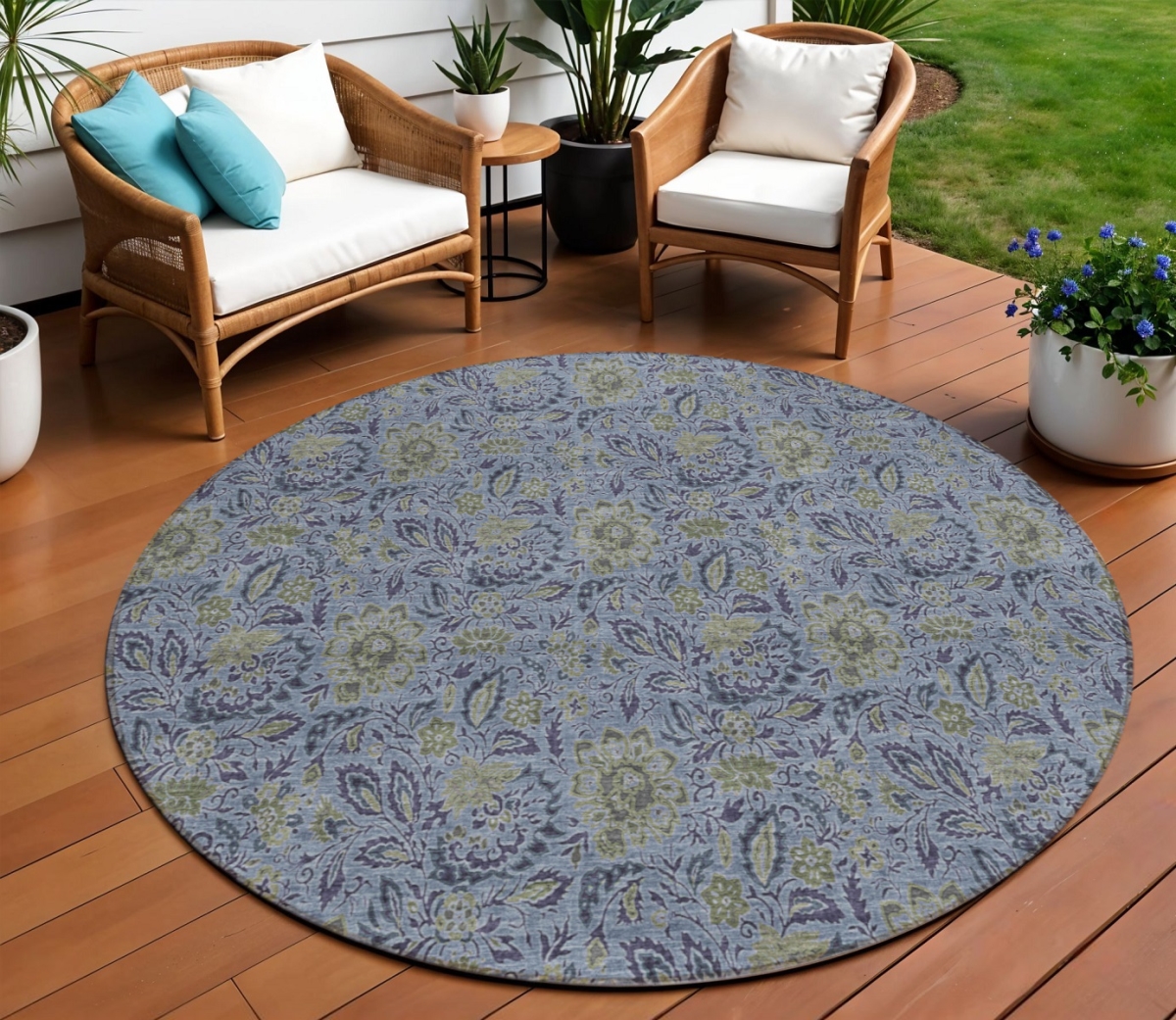 580432 8 ft. Round Floral Washable Indoor & Outdoor Area Rug, Denim Blue, Navy Blue & Gray