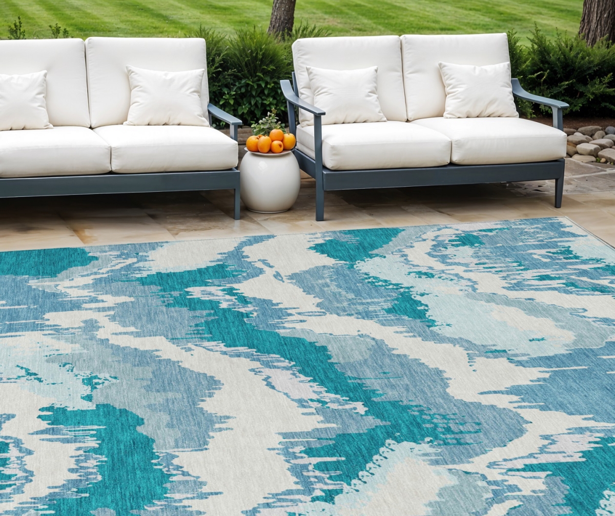 Picture of HomeRoots 590211 8 x 10 ft. Abstract Washable Indoor & Outdoor Rectangle Area Rug&#44; Teal Blue&#44; Sky Blue & Aqua