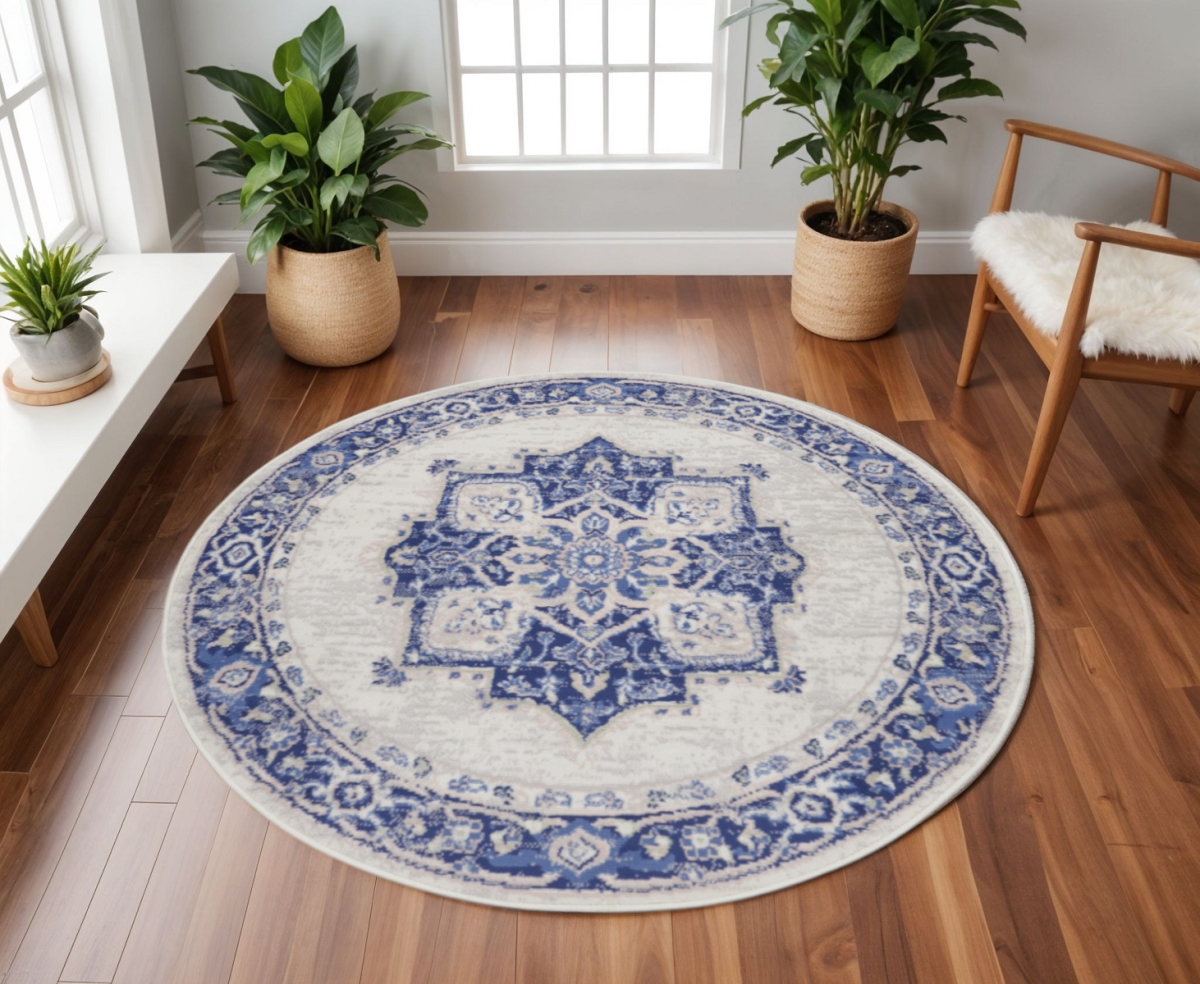 552313 8 ft. Floral Power Loom Round Rug, Ivory & Blue