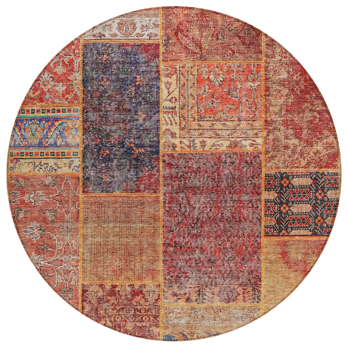 580918 8 ft. Round Patchwork Washable Indoor & Outdoor Area Rug, Red, Orange & Blue