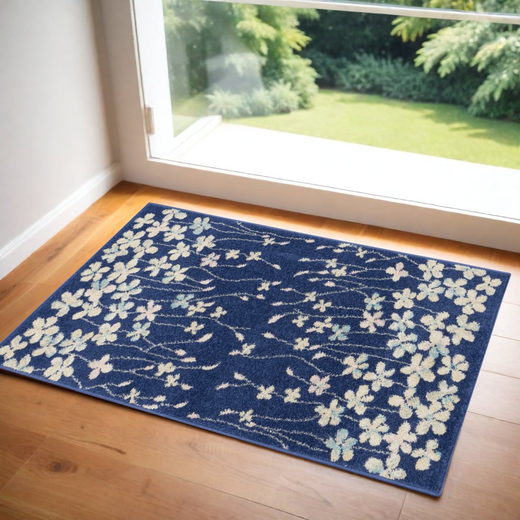 553279 2 x 4 ft. Floral Rectangle Area Rug - Navy Blue & Ivory