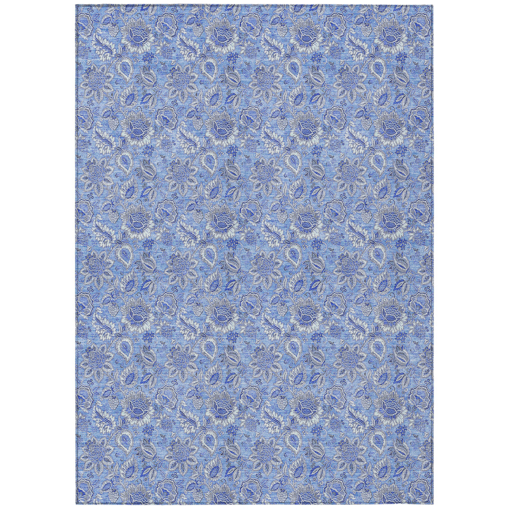 580589 8 x 10 ft. Floral Washable Indoor & Outdoor Rectangle Area Rug, Navy Blue & Denim Blue