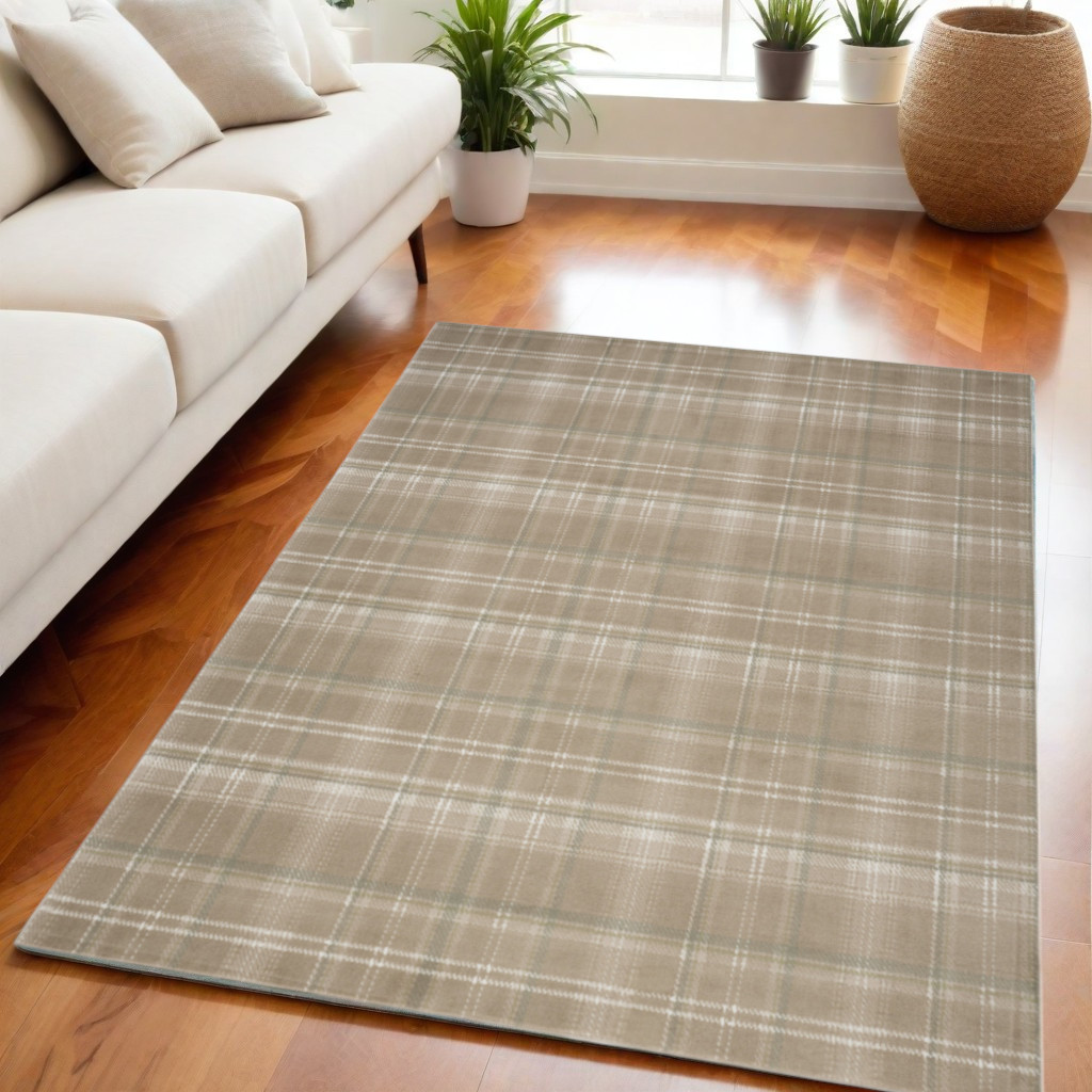 545438 5 x 7 ft. Plaid Non Skid Machine Made Rectangle Area Rug, Brown & Ivory