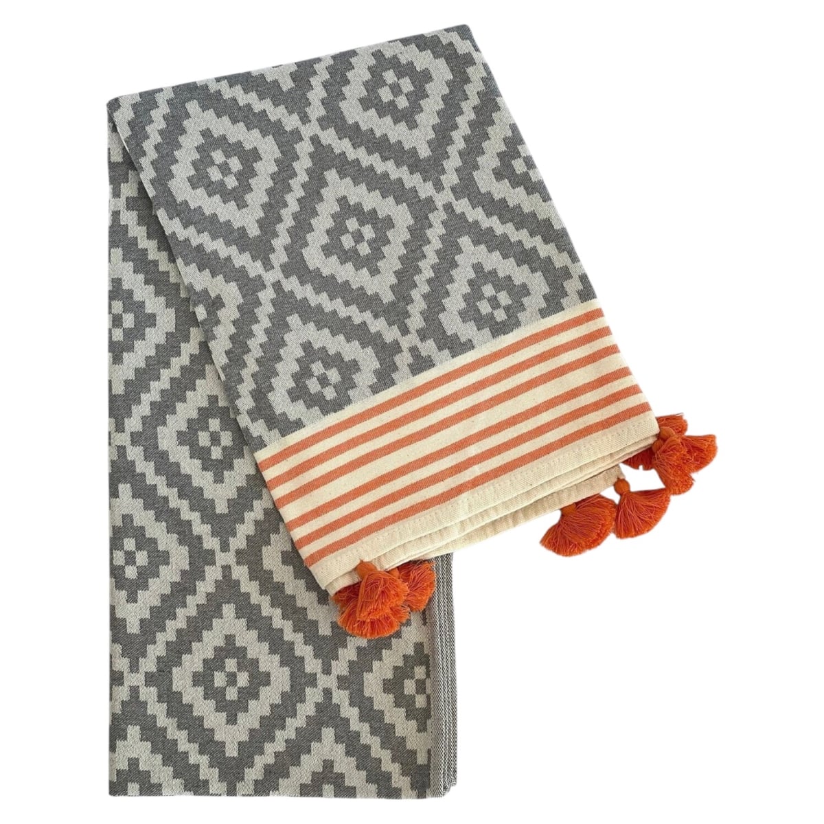 Geometric Turkish Towel Throw Blanket - Gray & Orange - 39 x 71 in. - Soft Cotton