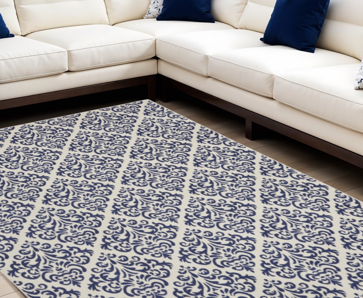 545349 6 x 9 ft. Damask Power Loom Rectangle Area Rug, Blue & White