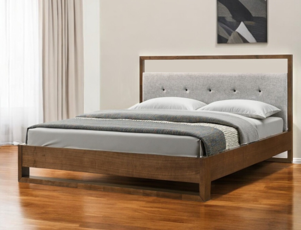 486247 Brown & Gray Wood Tufted Upholstered King Size Bed Frame