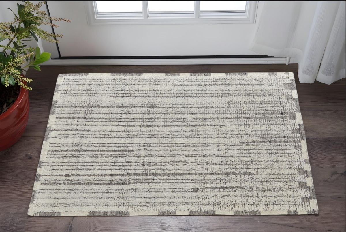 Picture of HomeRoots 566535 2 x 3 ft. Wool Striped Hand Woven Rectangle Area Rug&#44; Gray & Ivory