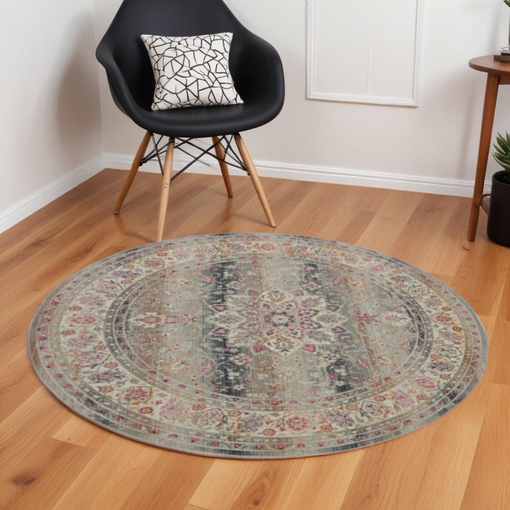 552345 6 ft. Floral Distressed Round Rug, Ivory, Brown & Gray