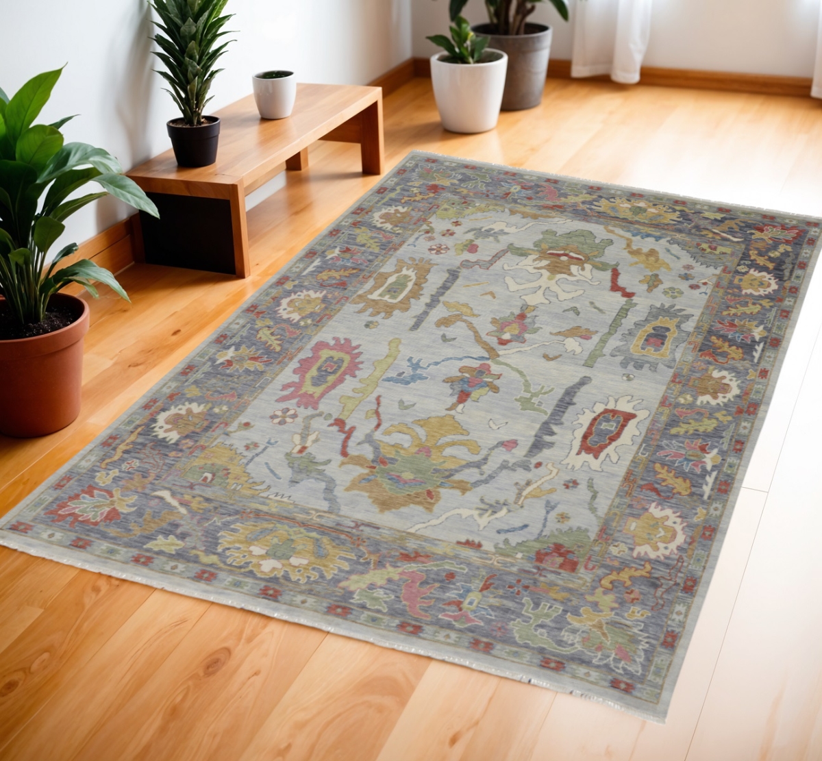 566272 4 x 6 ft. Wool Oriental Hand Knotted Rectangle Area Rug with Fringe, Gray, Blue & Gold