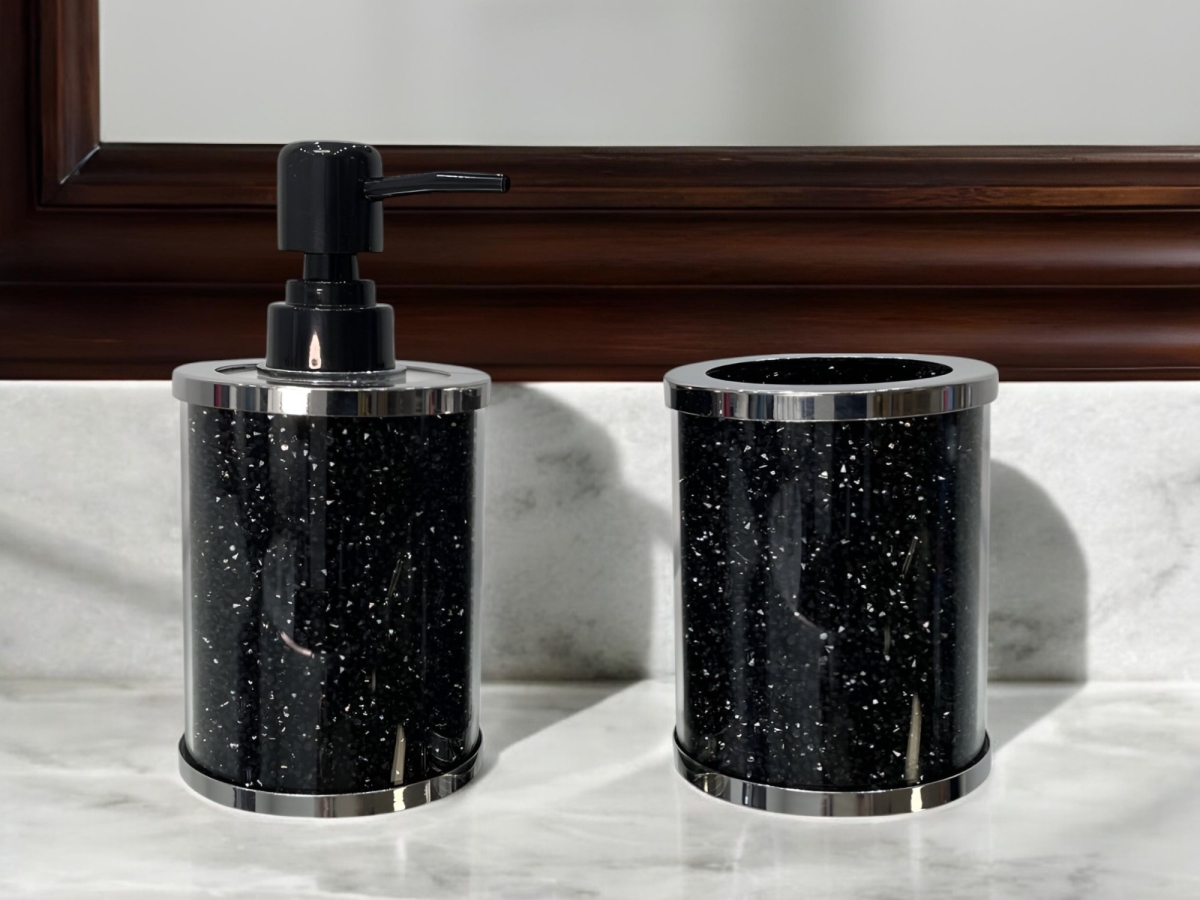 Picture of HomeRoots 571657 2 Piece Black Glass Bling Bathroom Accessory Set